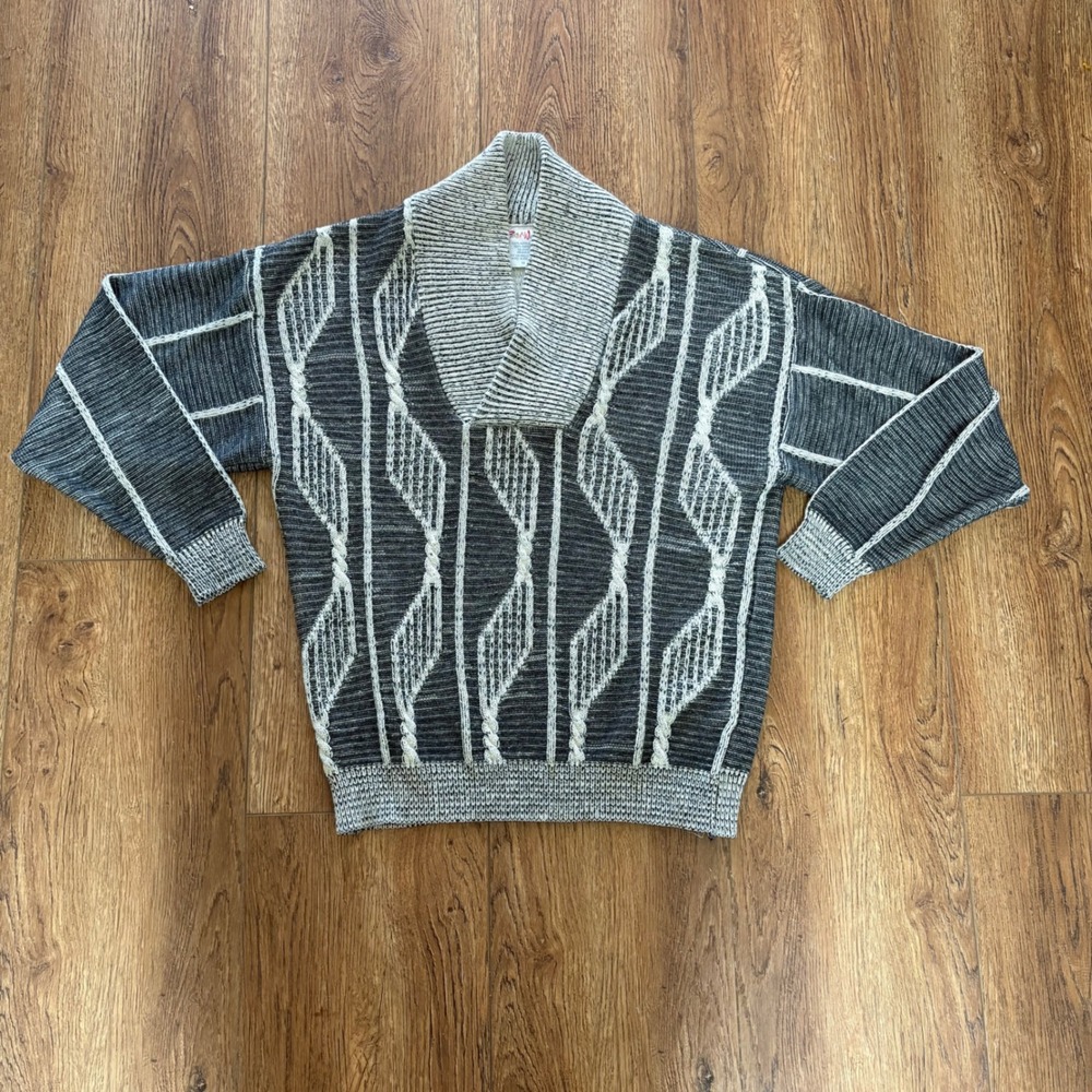VTG Peter Werth Mens M‎ Shawl Collar Sweater Grey Geometric Knit Made in England
